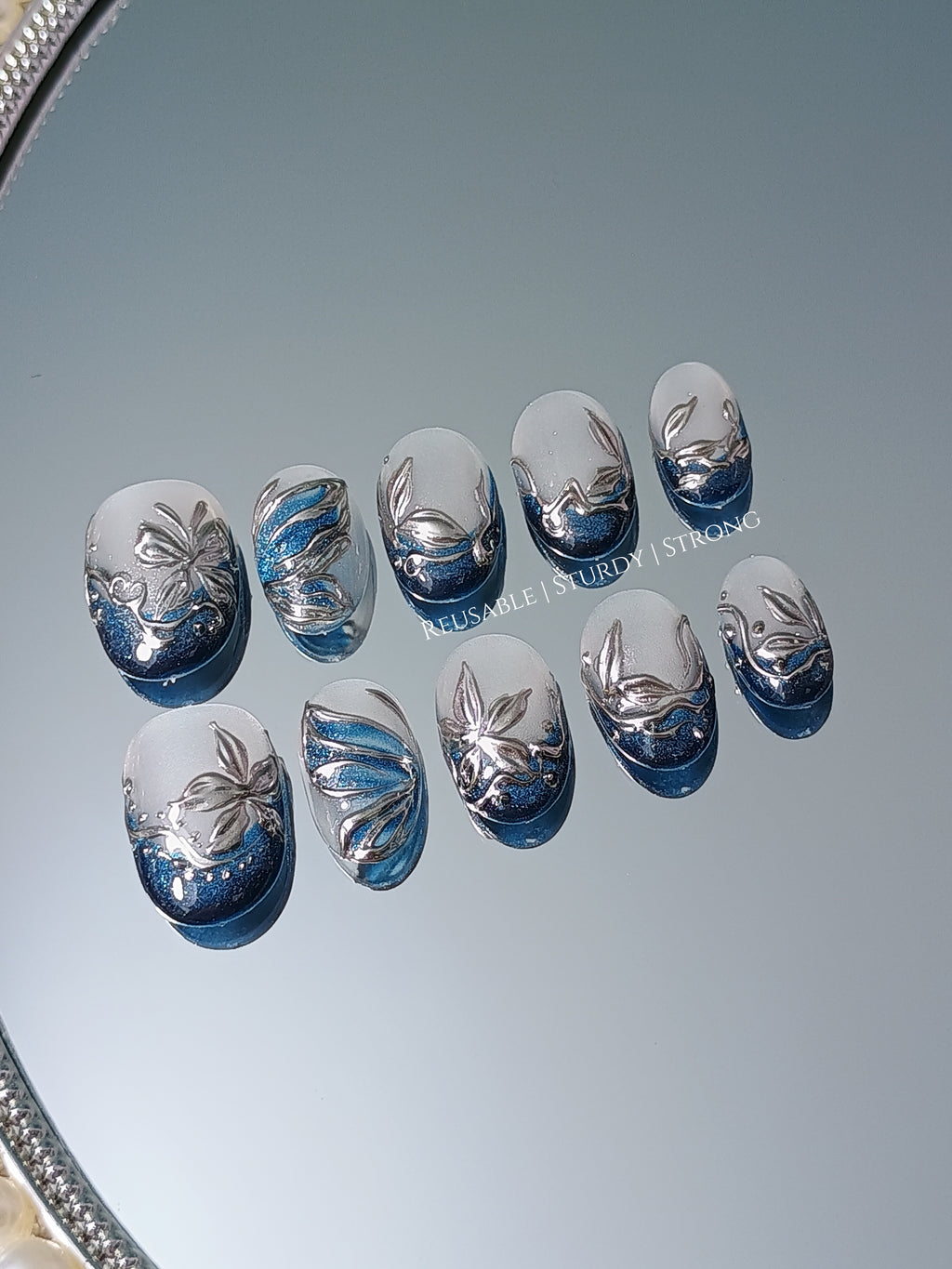 Sapphire Icy Metallic Floral Elegance | premium