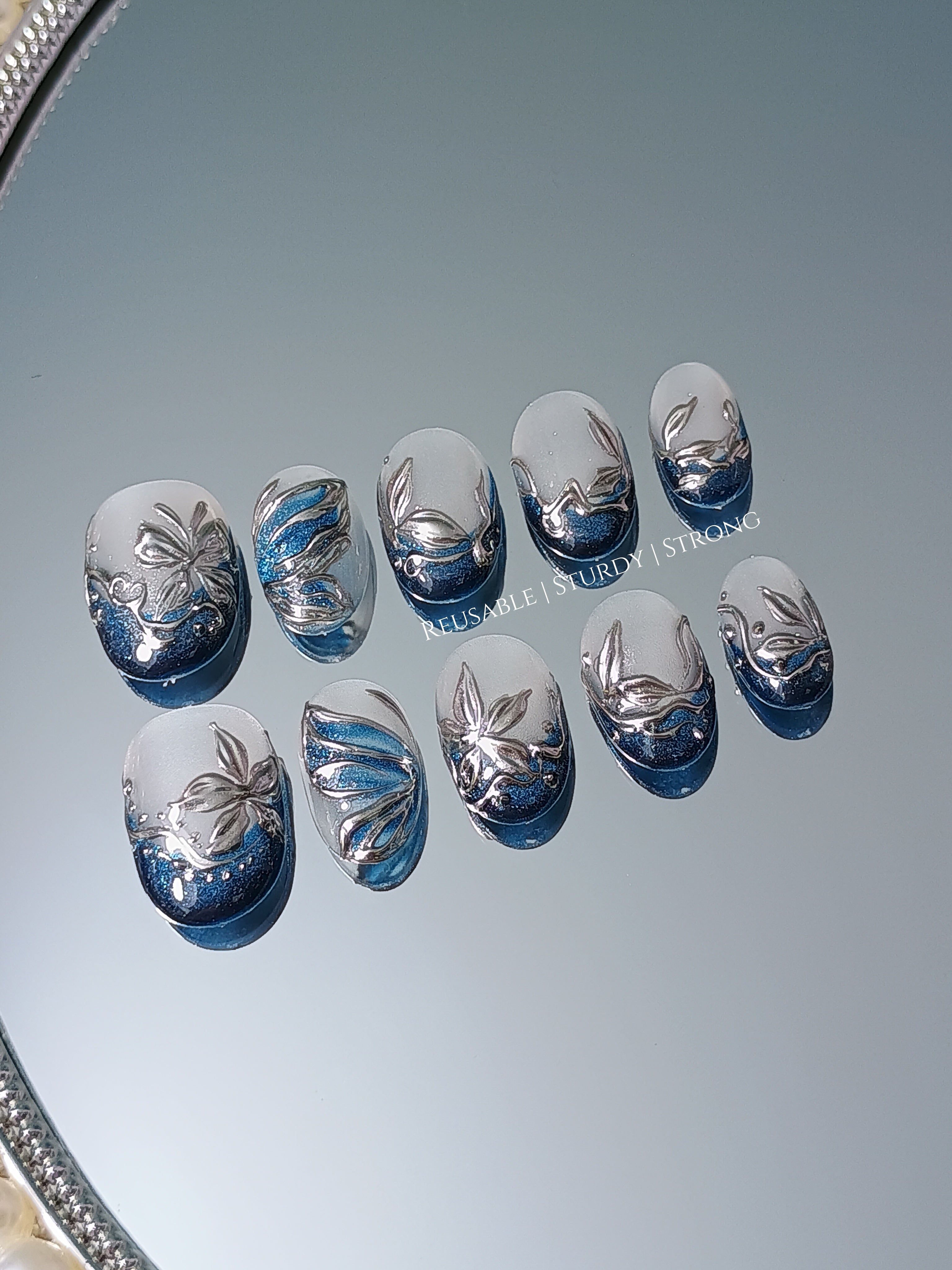 Sapphire Icy Metallic Floral Elegance | premium
