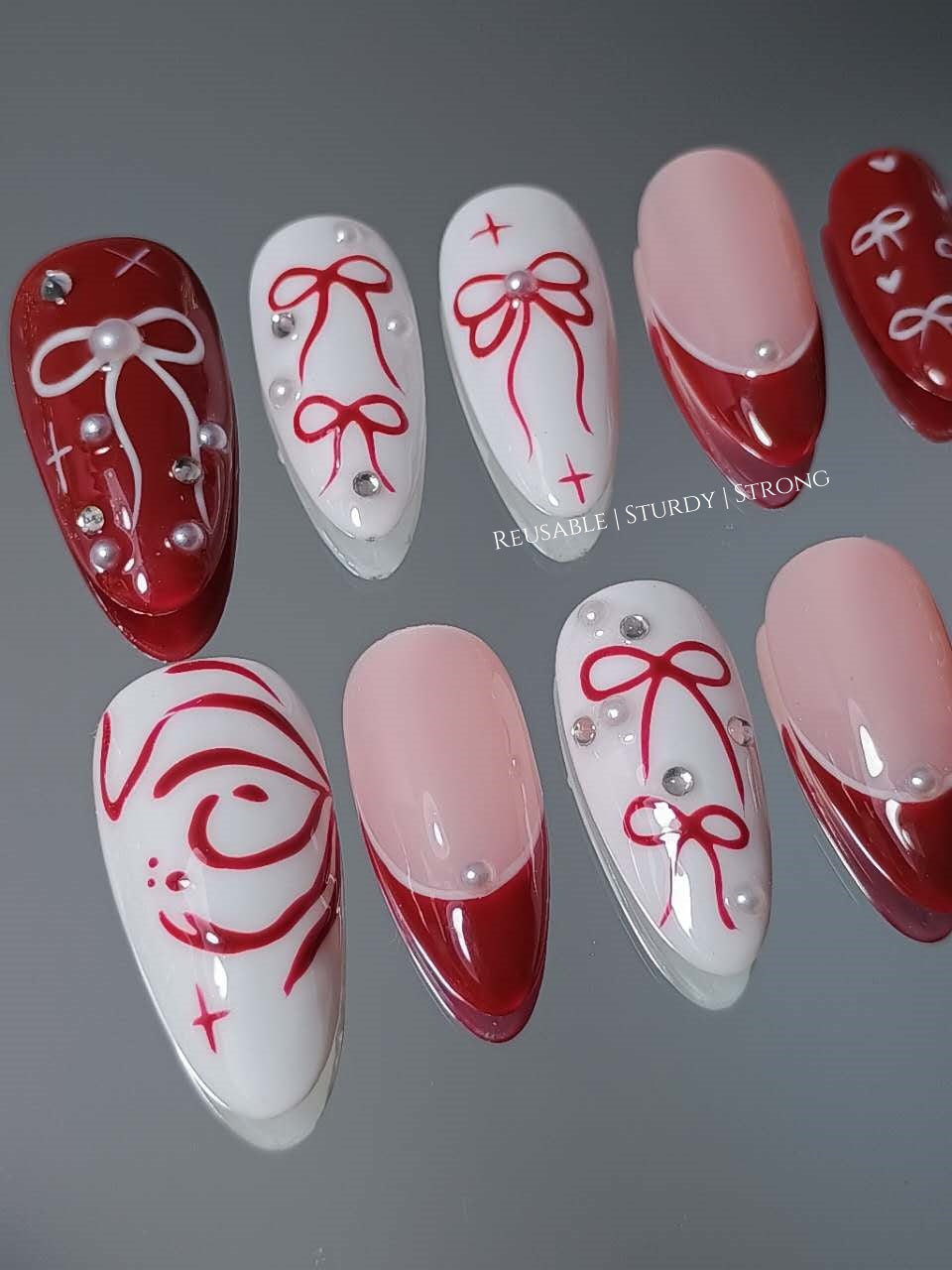 Girly Red Heart Bow Press On Nails