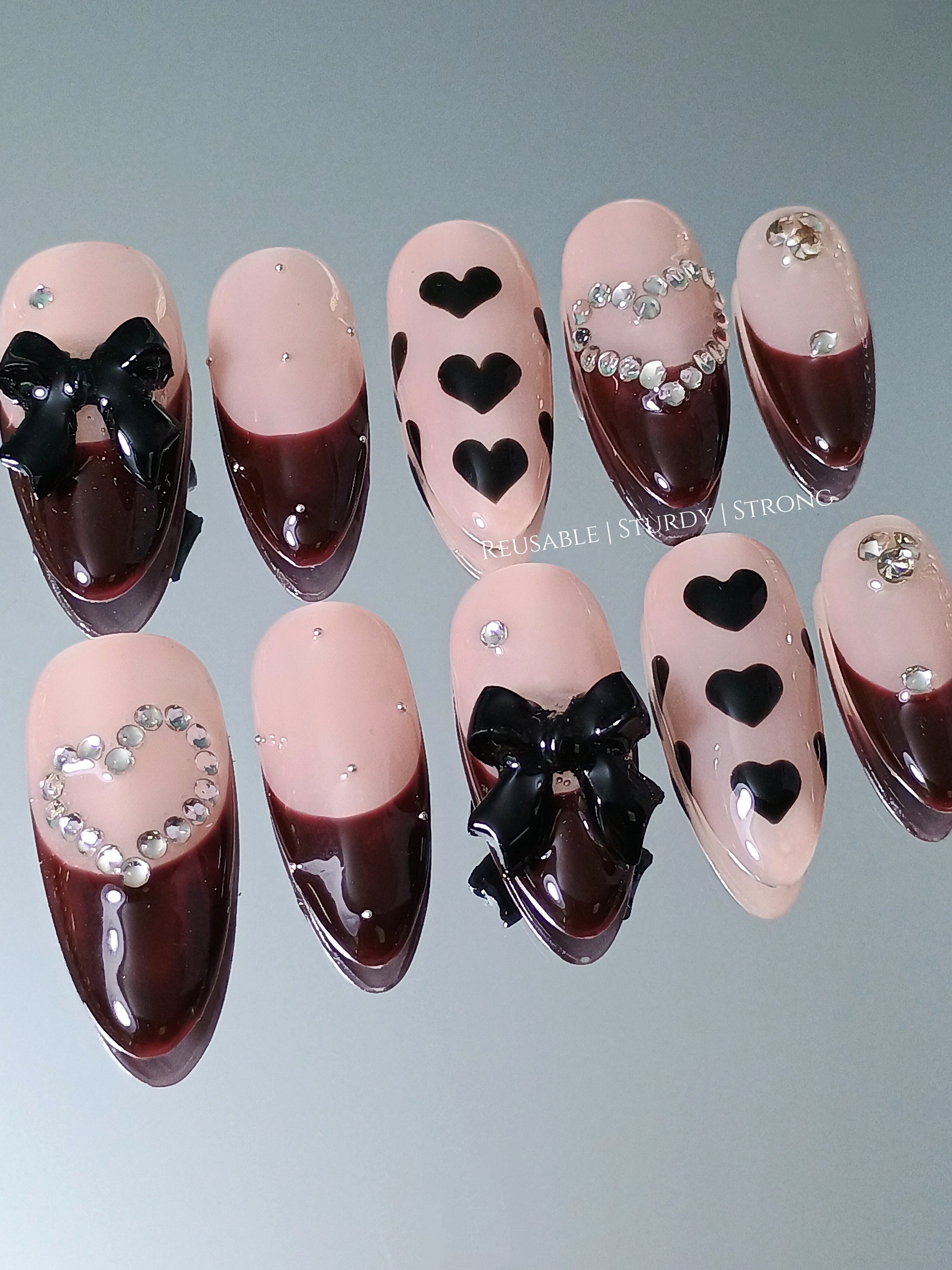 Diamond Heart and Burgundy French Tips