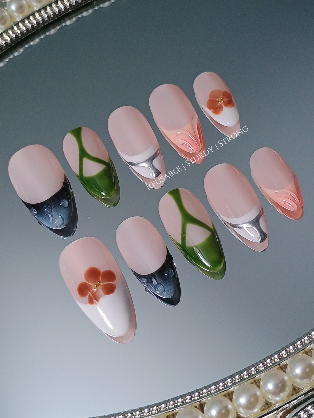 Modern Garden Mix Art Chrome Curve & Petal Touch Set Nails