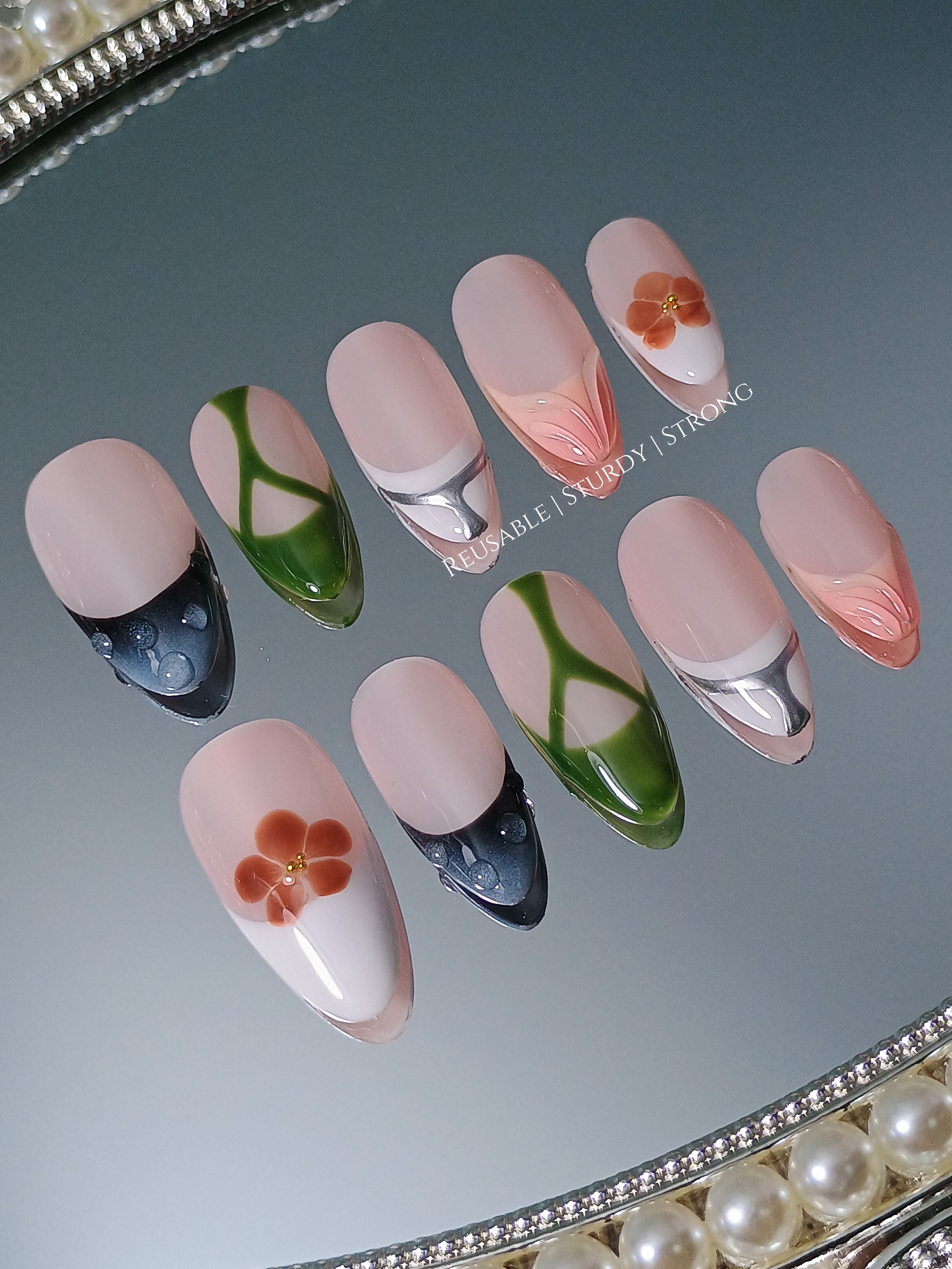 Modern Garden Mix Art Chrome Curve & Petal Touch Set Nails