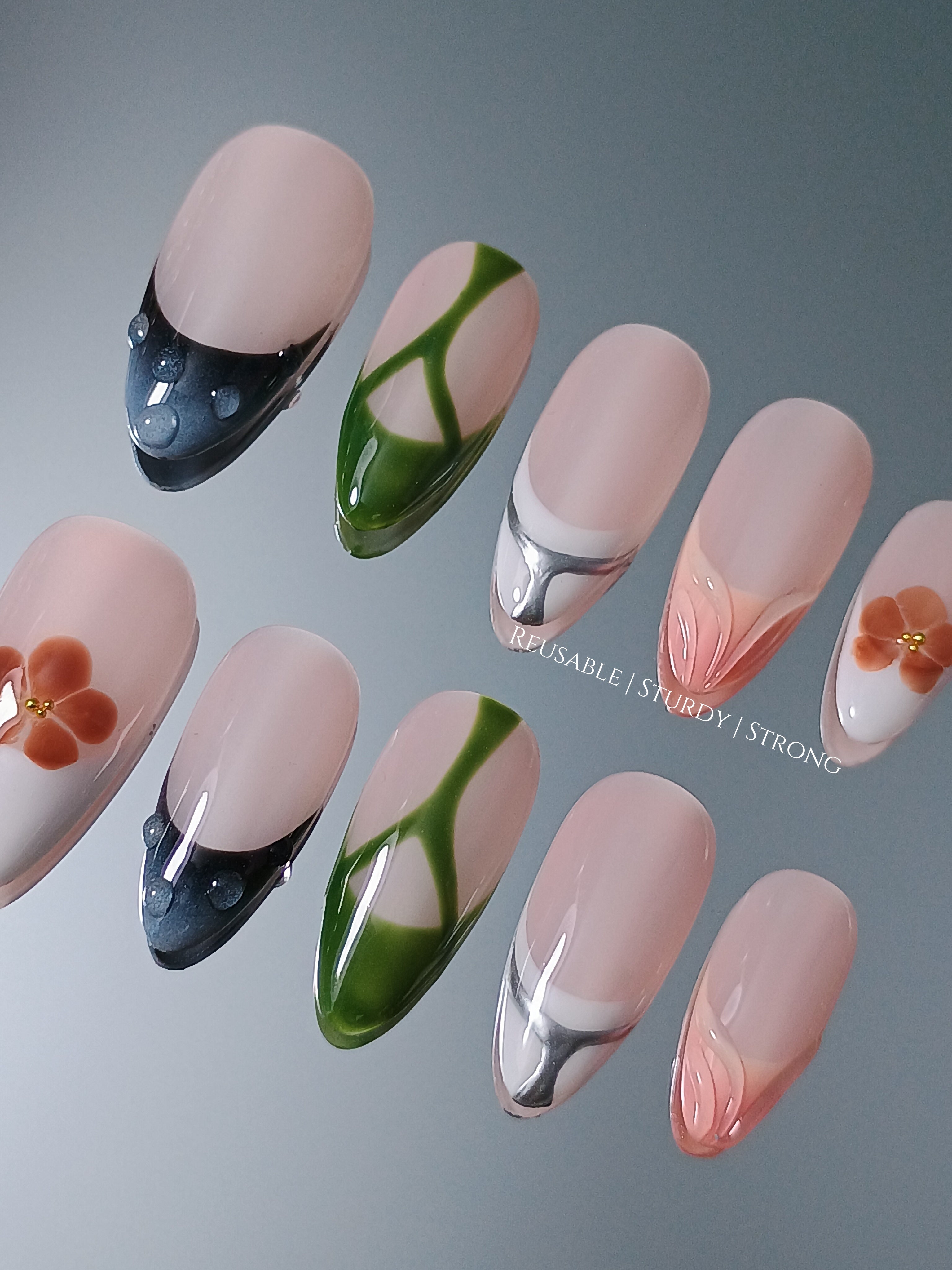Modern Garden Mix Art Chrome Curve & Petal Touch Set Nails