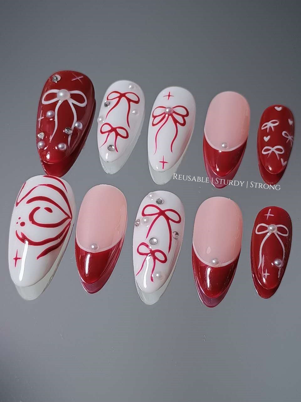 Girly Red Heart Bow Press On Nails