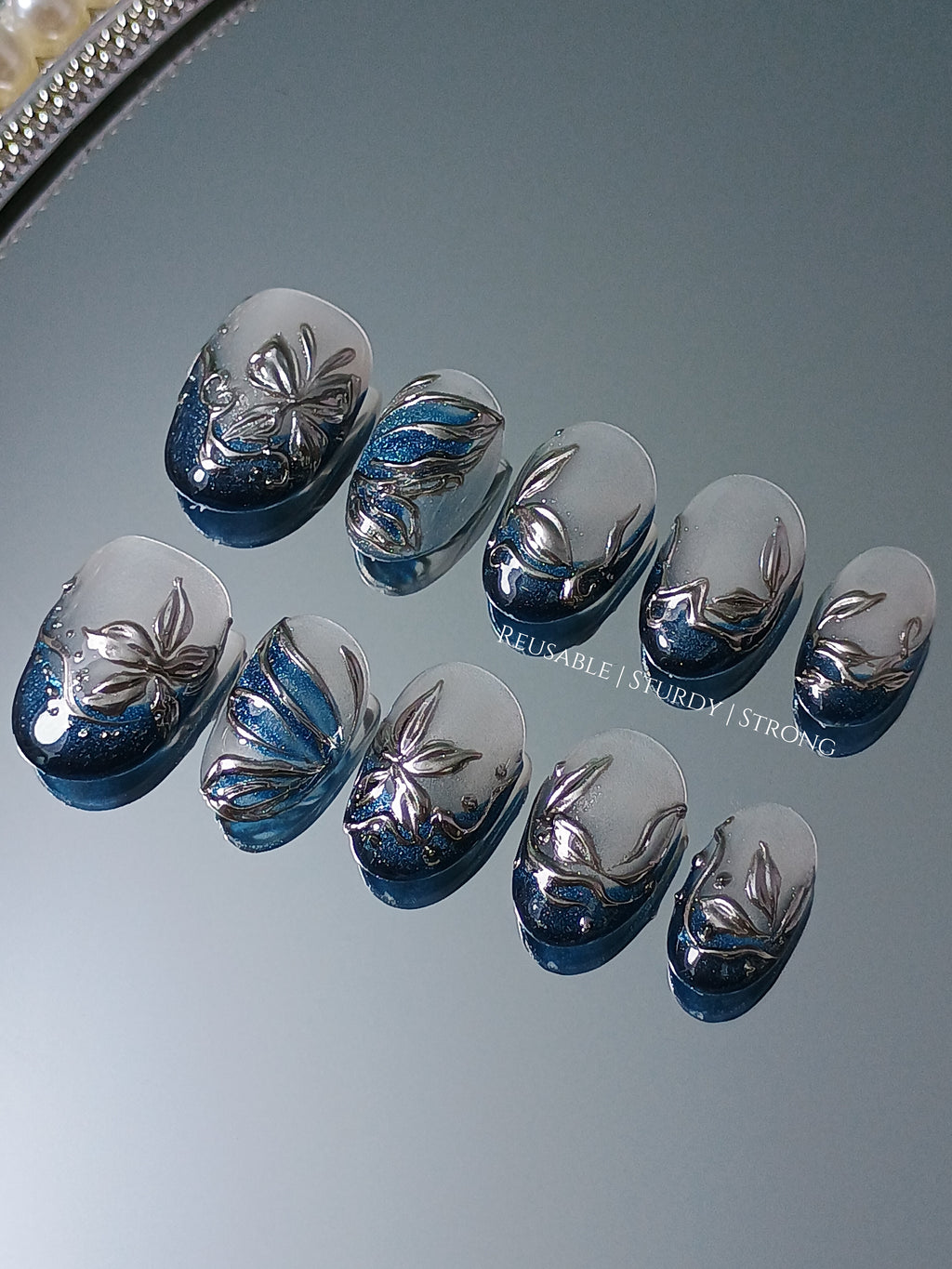 Sapphire Icy Metallic Floral Elegance | premium