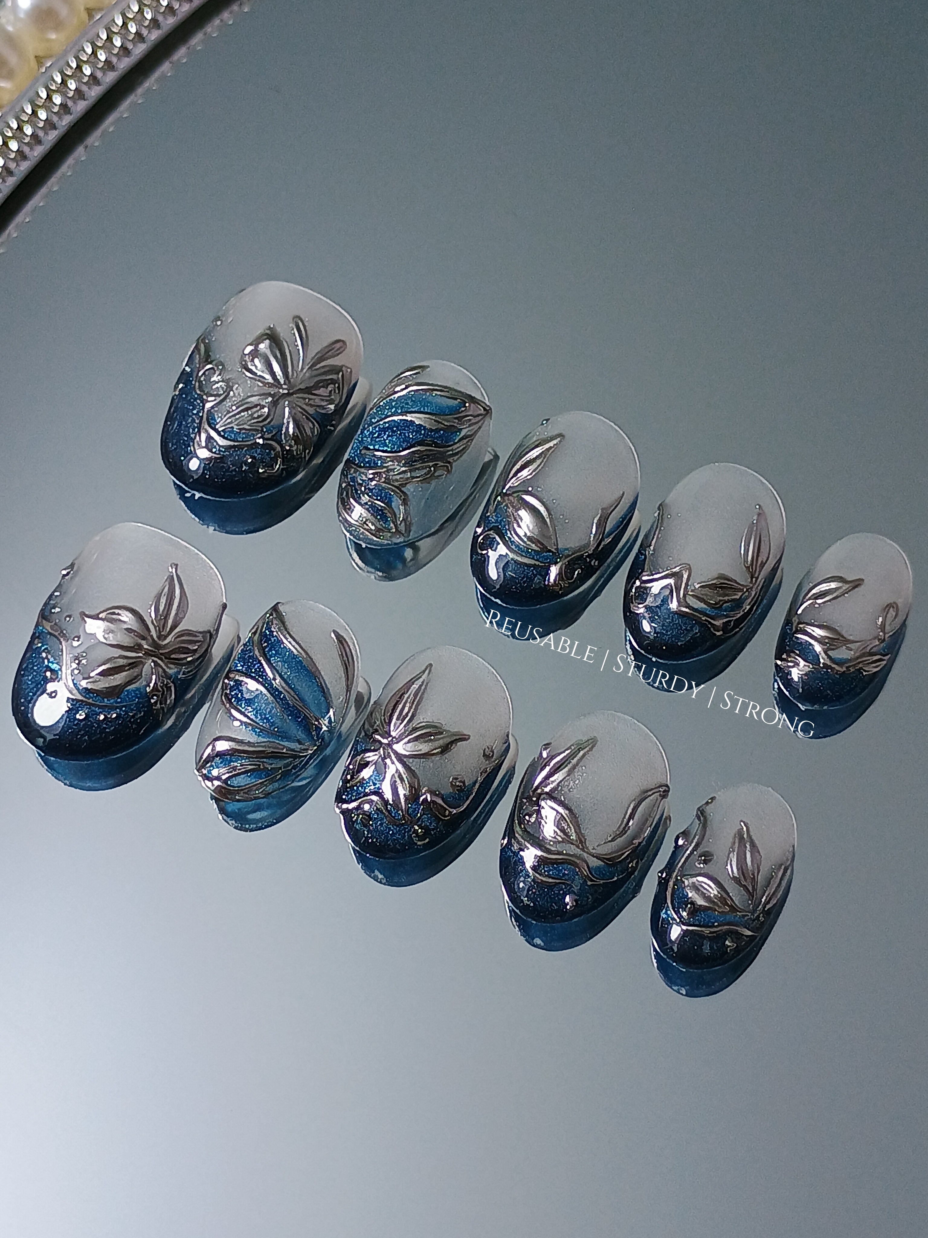 Sapphire Icy Metallic Floral Elegance | premium