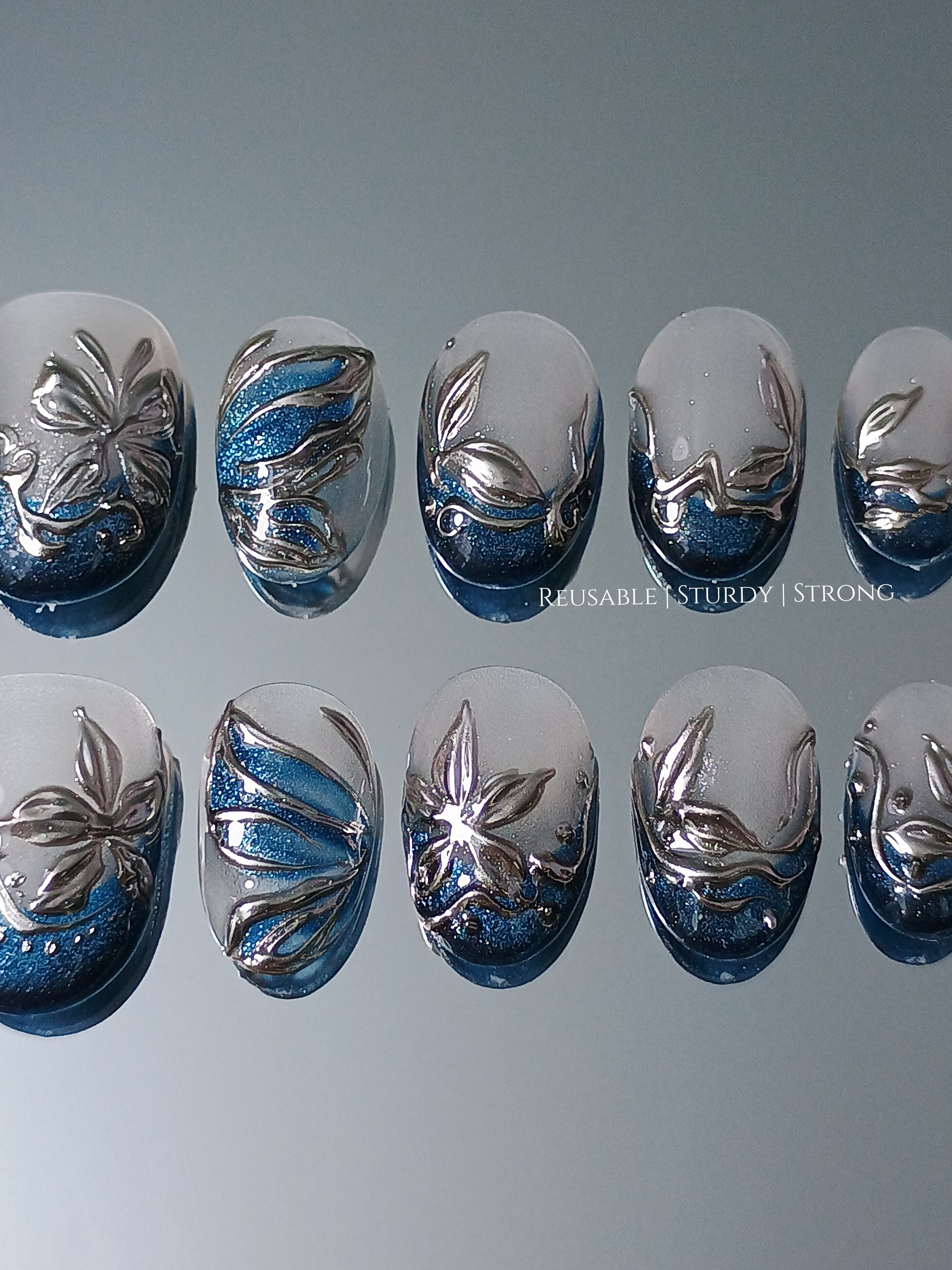 Sapphire Icy Metallic Floral Elegance | premium