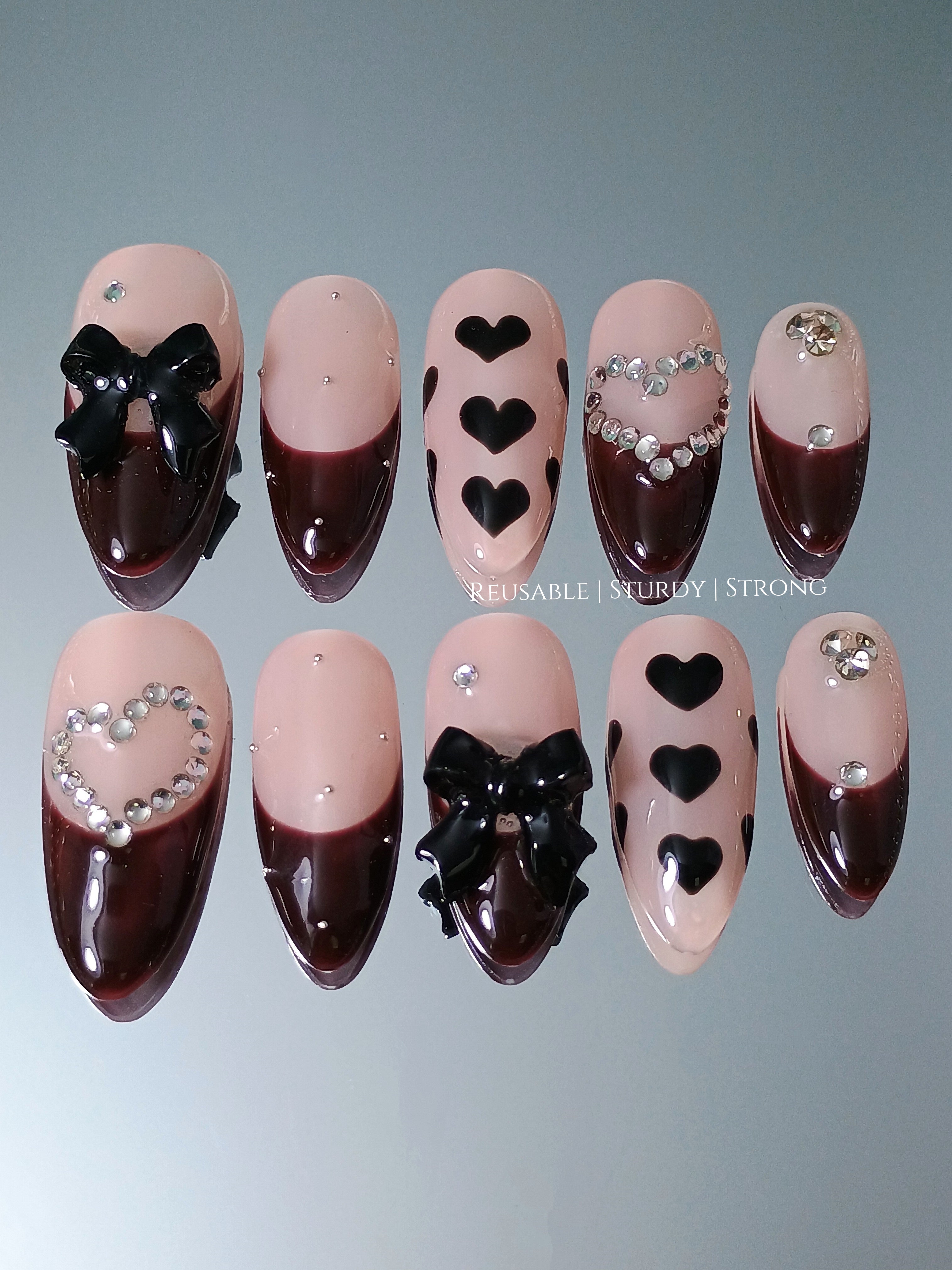 Diamond Heart and Burgundy French Tips