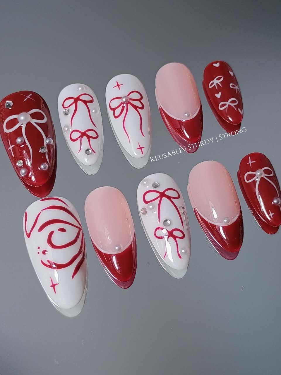 Girly Red Heart Bow Press On Nails