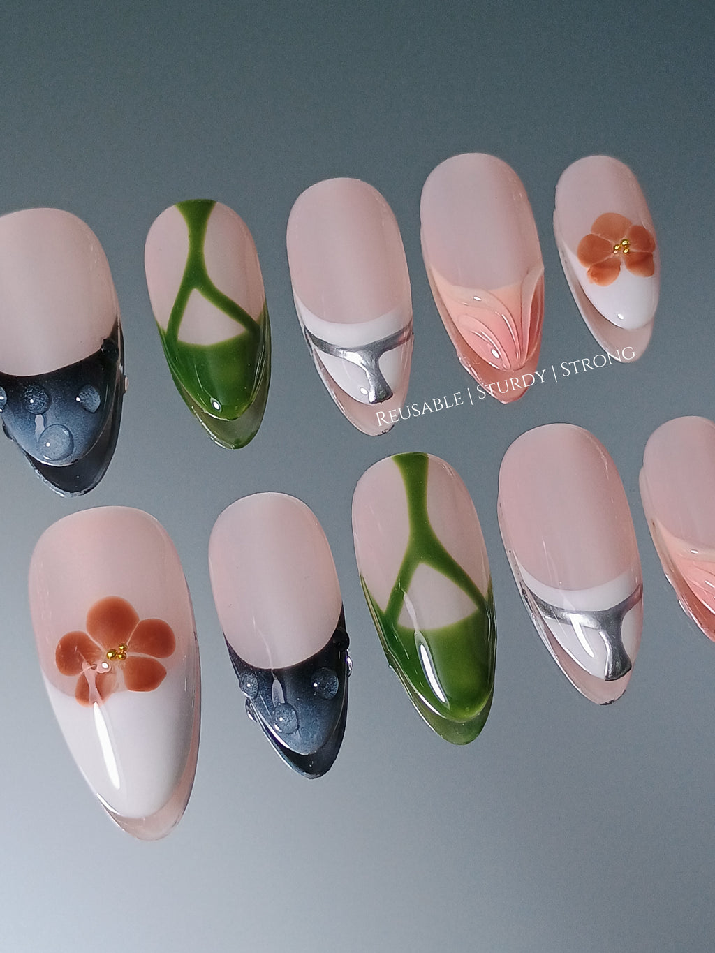 Modern Garden Mix Art Chrome Curve & Petal Touch Set Nails