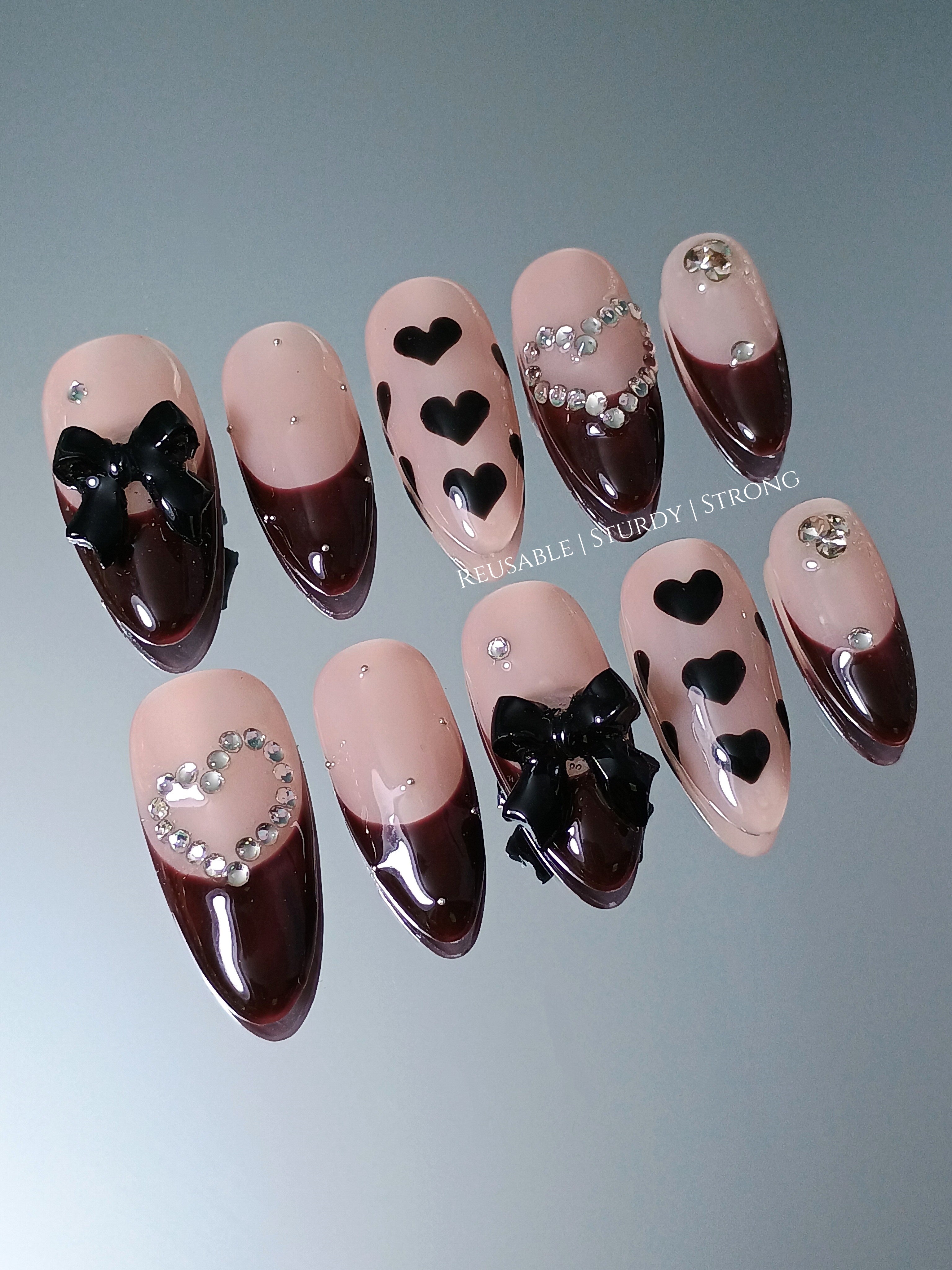 Diamond Heart and Burgundy French Tips