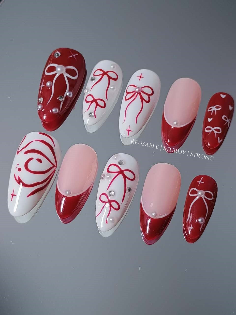 Girly Red Heart Bow Press On Nails