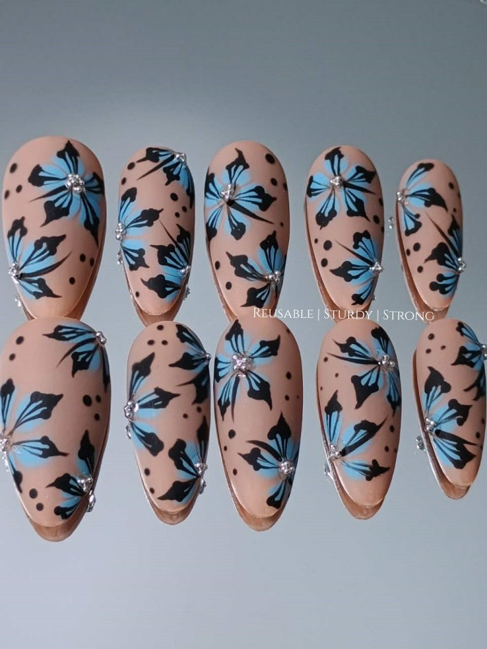 Matte Blue Floral Vintage Town | Acrylic Nails