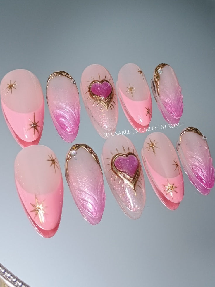 Dreamy Iridescent Cat Eye Heart Nails