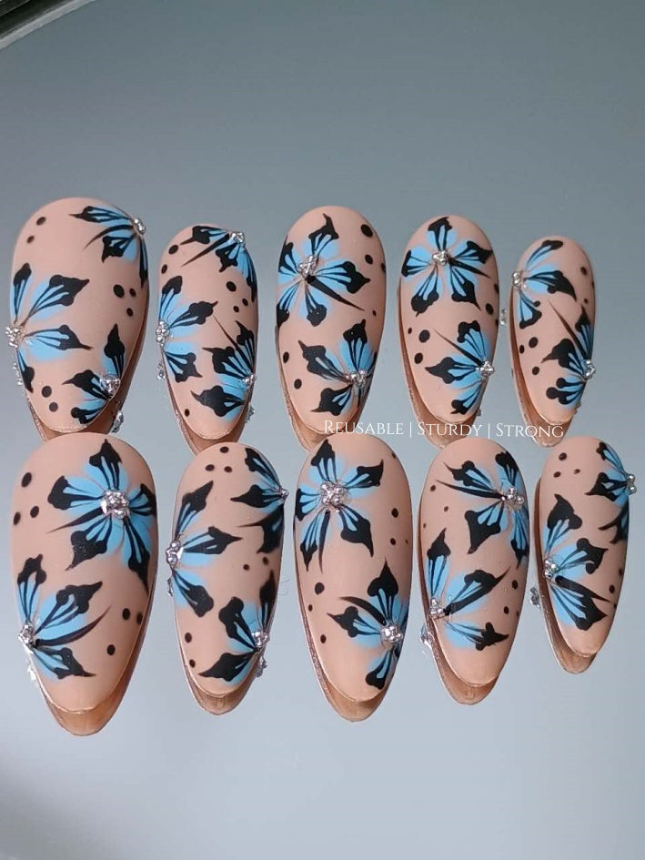 Matte Blue Floral Vintage Town | Acrylic Nails