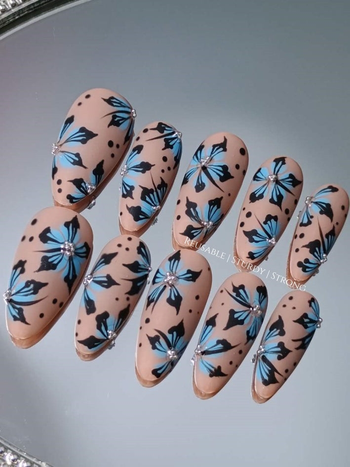 Matte Blue Floral Vintage Town | Acrylic Nails