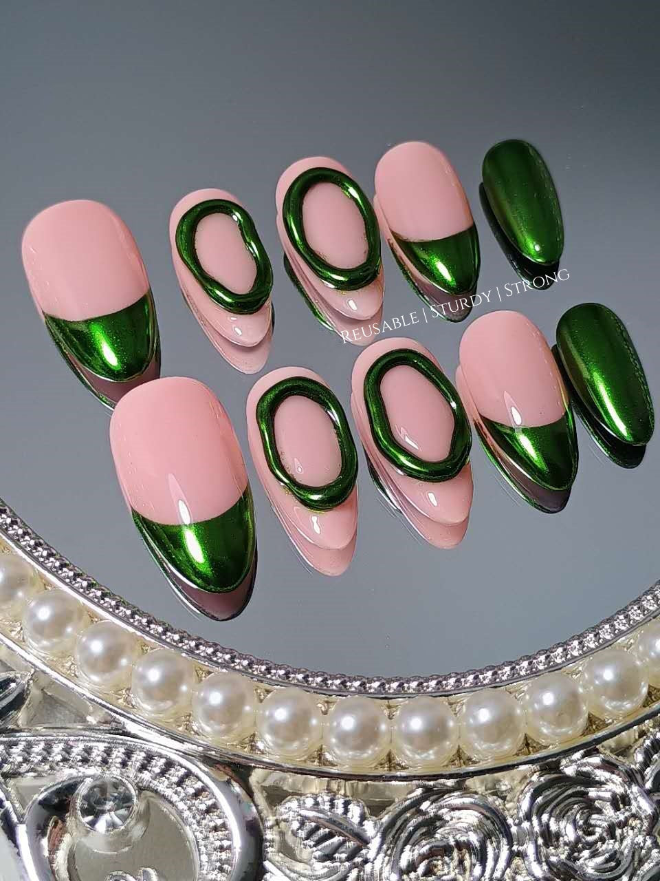 Classic Glossy Green Chrome Press On Nails