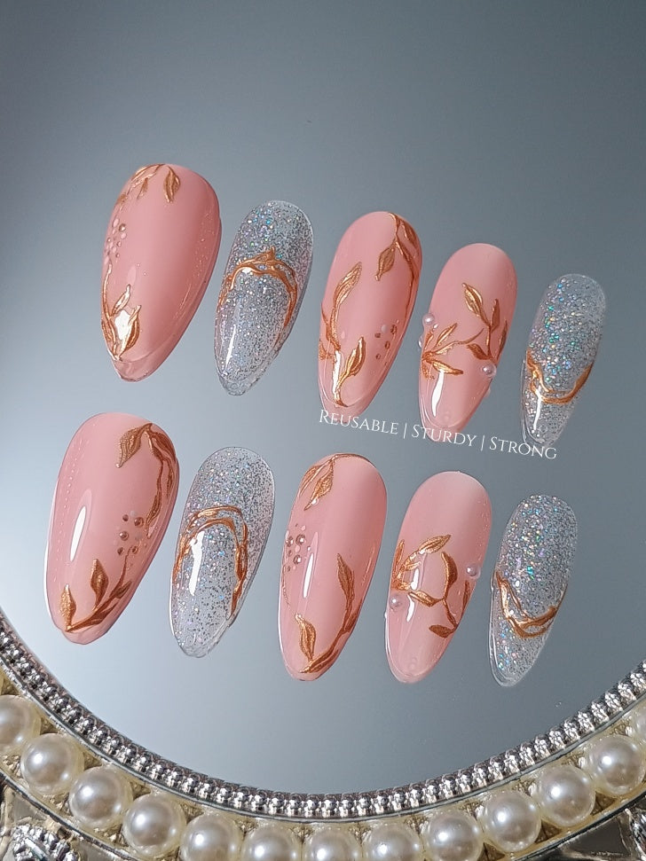 Peachy Nude Glitter Gold Chrome Leaf