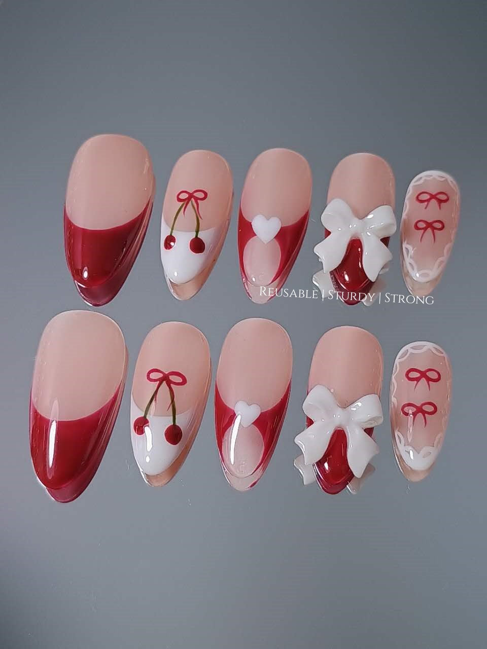 Cherry Heart Space Bow Press On Nails