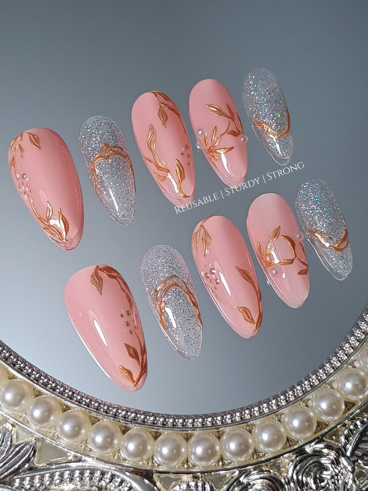 Peachy Nude Glitter Gold Chrome Leaf