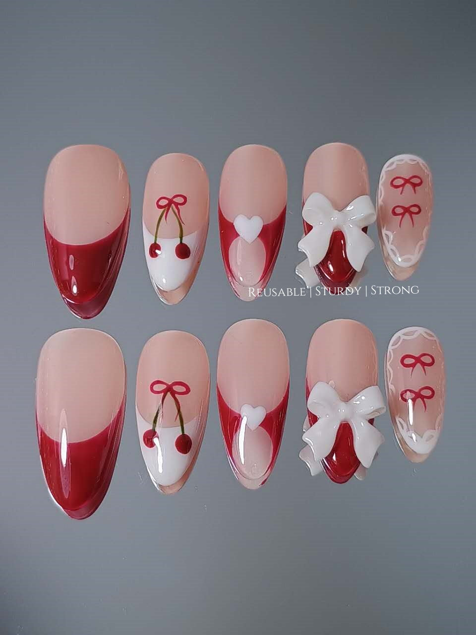 Cherry Heart Space Bow Press On Nails