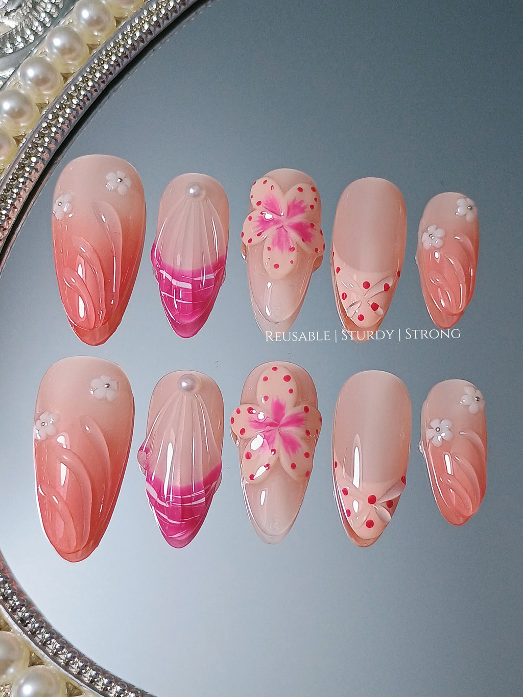 3D Petal Swirl Polish Sculpted Pink Bloom Elegance Dot Mix Nails