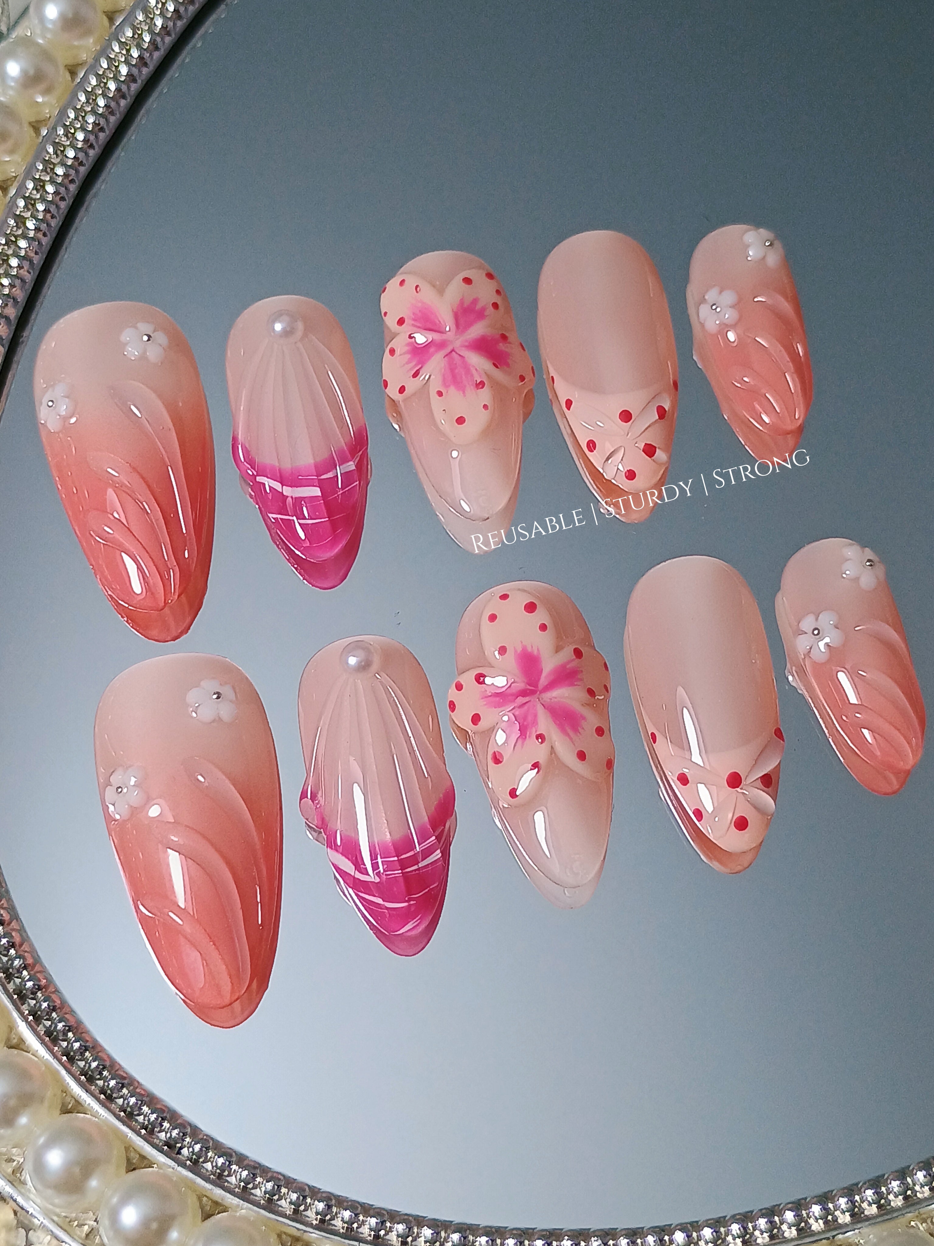 3D Petal Swirl Polish Sculpted Pink Bloom Elegance Dot Mix Nails