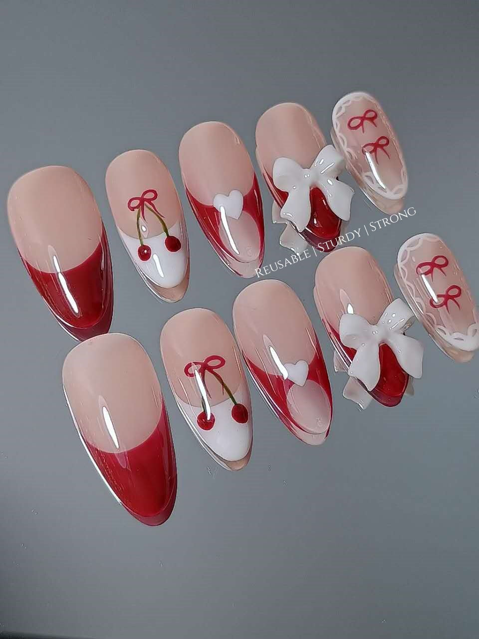 Cherry Heart Space Bow Press On Nails