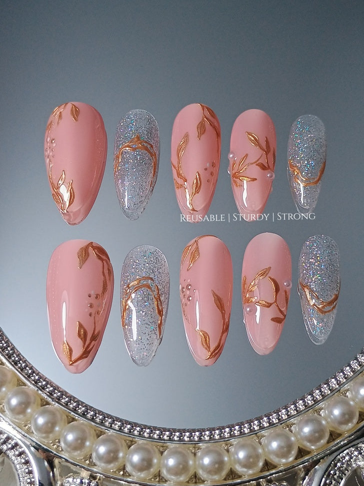 Peachy Nude Glitter Gold Chrome Leaf