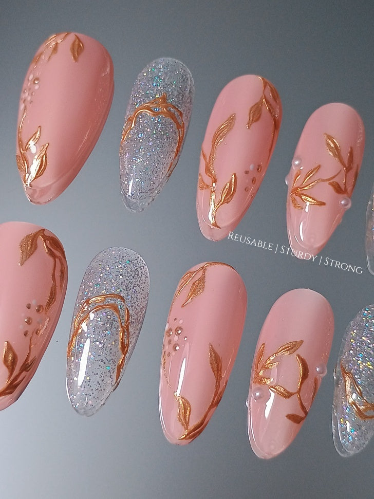 Peachy Nude Glitter Gold Chrome Leaf