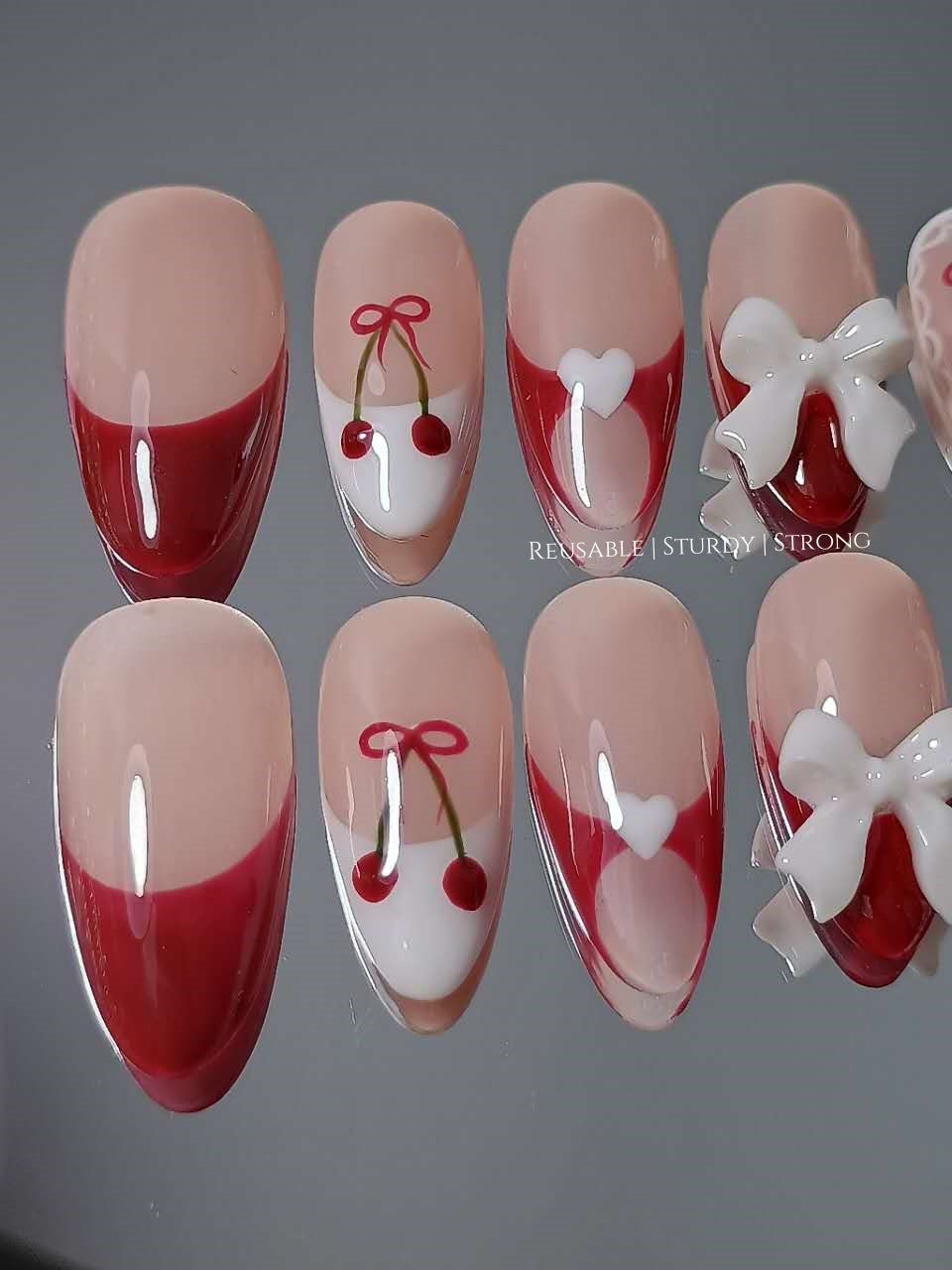 Cherry Heart Space Bow Press On Nails