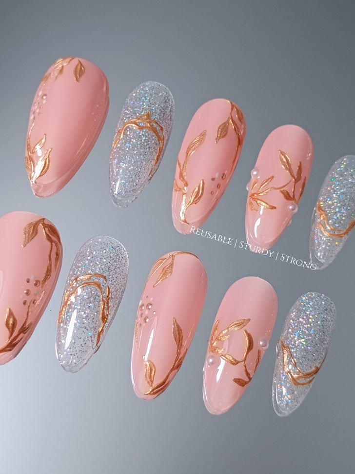 Peachy Nude Glitter Gold Chrome Leaf