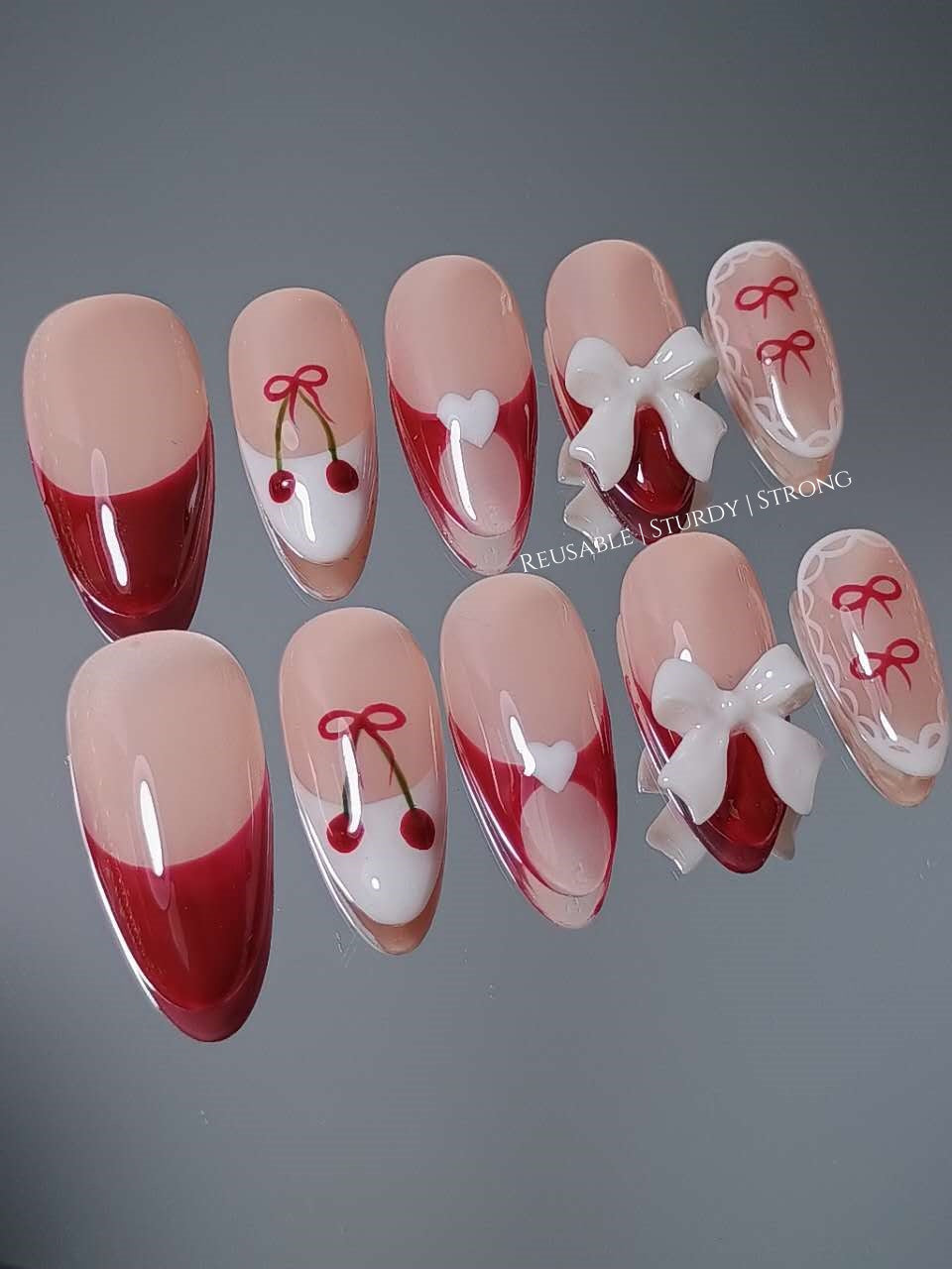 Cherry Heart Space Bow Press On Nails