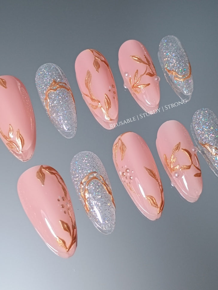 Peachy Nude Glitter Gold Chrome Leaf