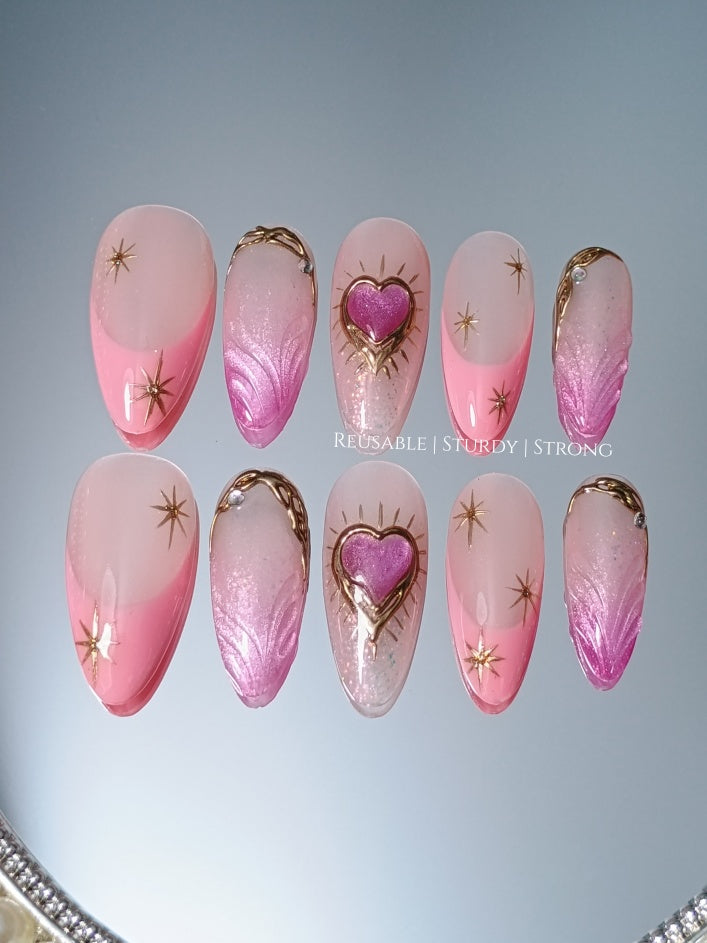 Dreamy Iridescent Cat Eye Heart Nails