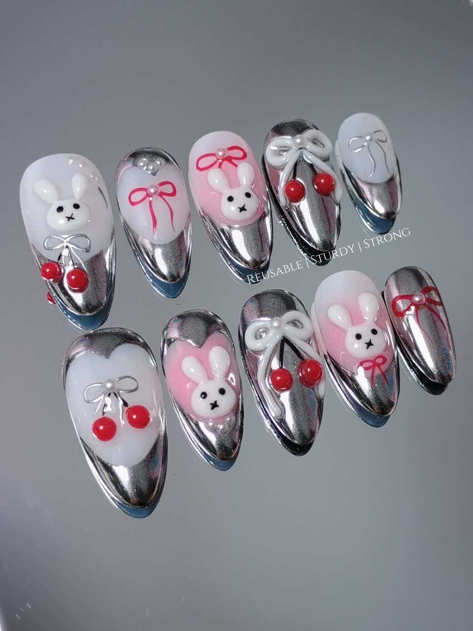 Cherry Bunny Kiss with Silver Heart