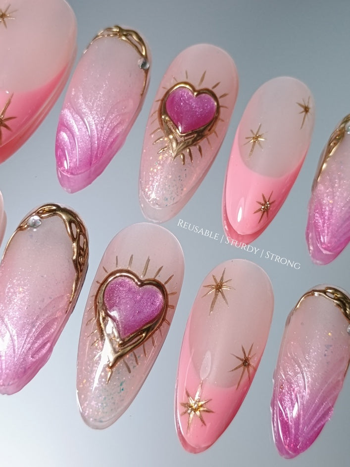 Dreamy Iridescent Cat Eye Heart Nails