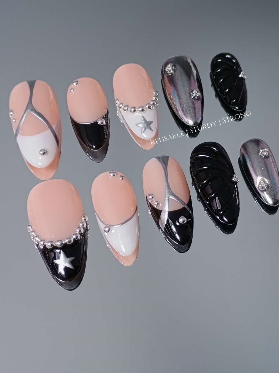 Cosmic Y2K Black White French Silver Star Nails