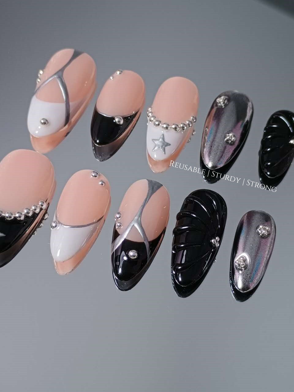 Cosmic Y2K Black White French Silver Star Nails