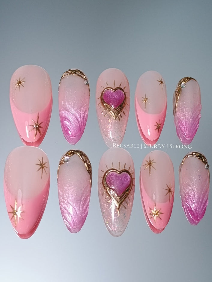 Dreamy Iridescent Cat Eye Heart Nails