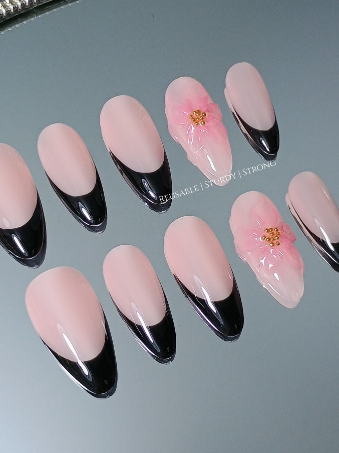 2 colours available) Aesthetic Floral French Tips | White Black French Nails
