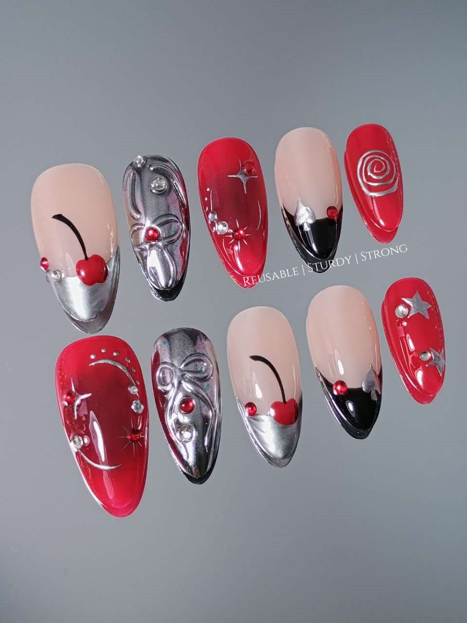 Ace of Stars Cherry Coquette Silver Press On Nails