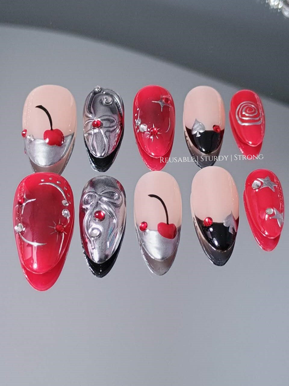 Ace of Stars Cherry Coquette Silver Press On Nails