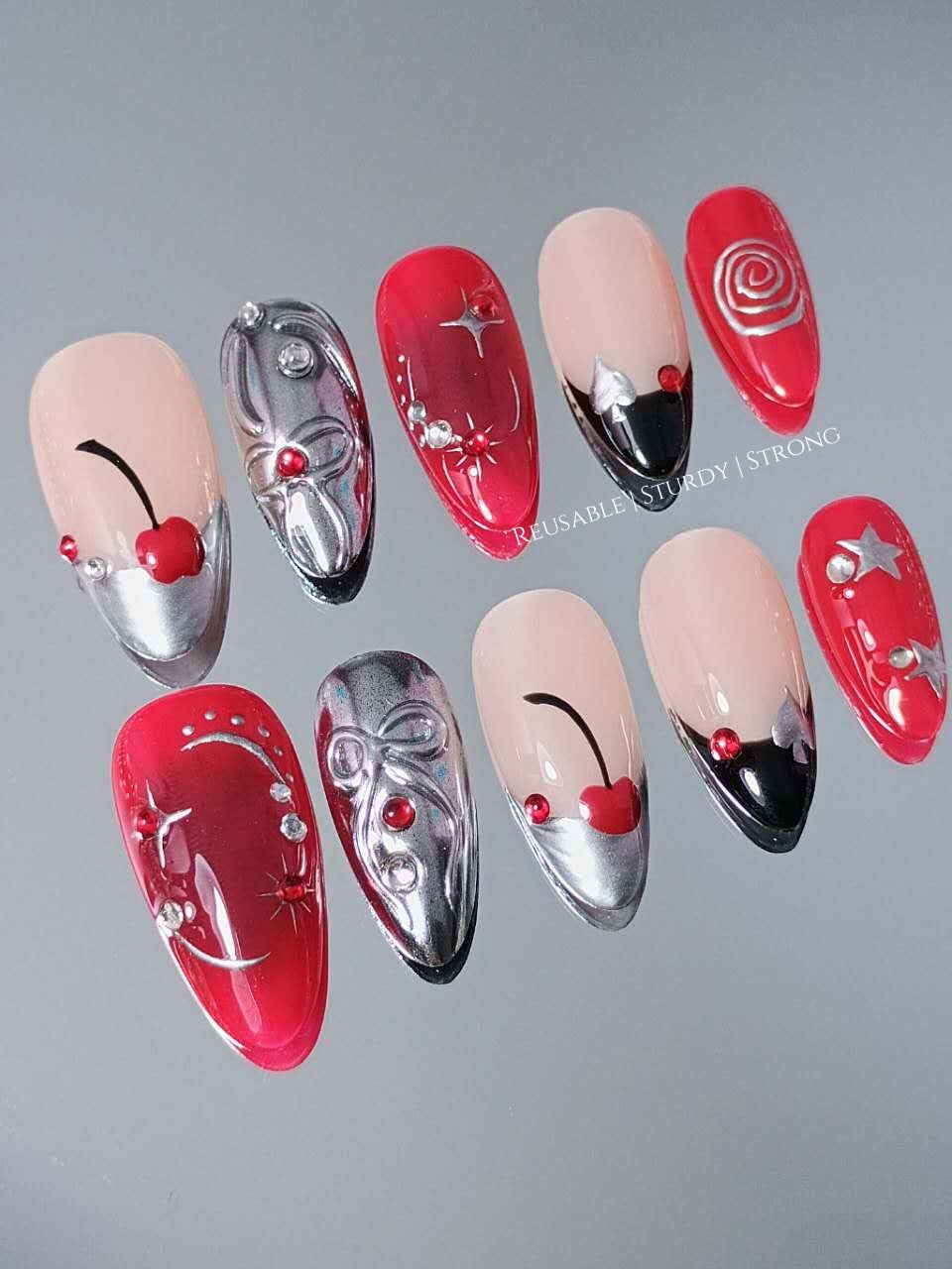 Ace of Stars Cherry Coquette Silver Press On Nails