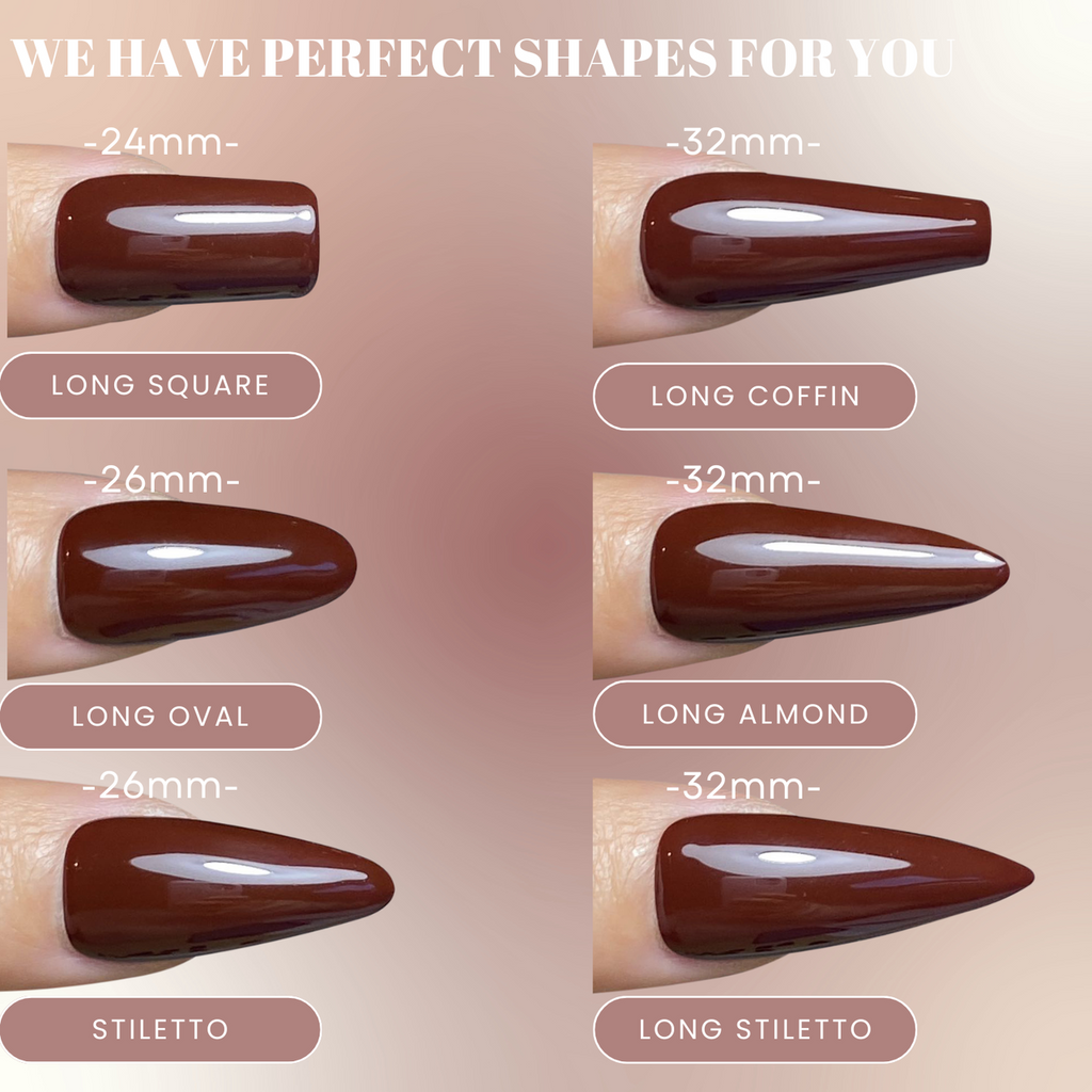 a collection of six different nail polish colors, each corresponding to a different nail shape. The nail polish colors are Long Square, Long Coffin, Long Almond, Stiletto, and Long Stiletto. The nail shapes are Long Square, Long Coffin, Long Almond, Stiletto, and Long Stiletto.