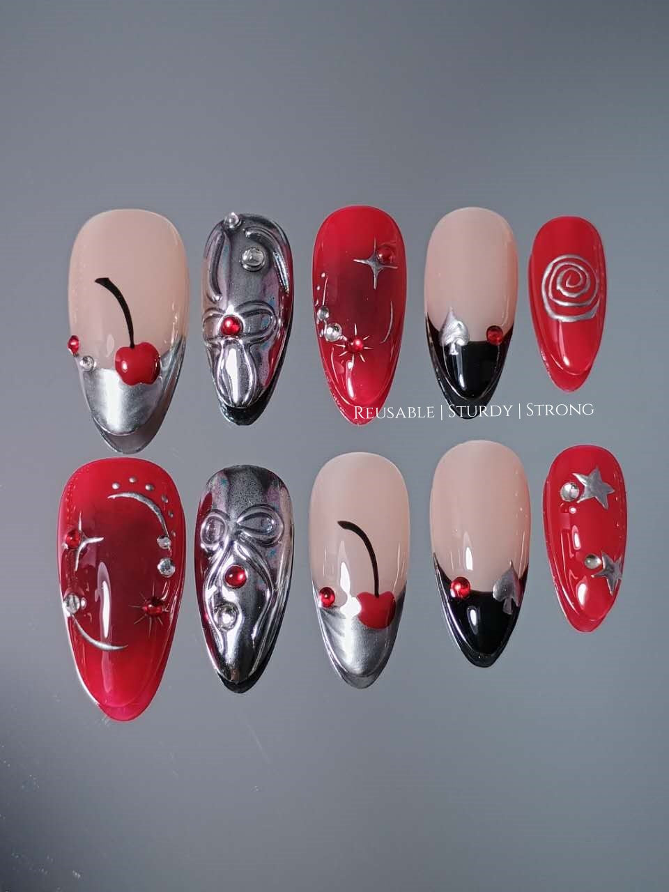 Ace of Stars Cherry Coquette Silver Press On Nails