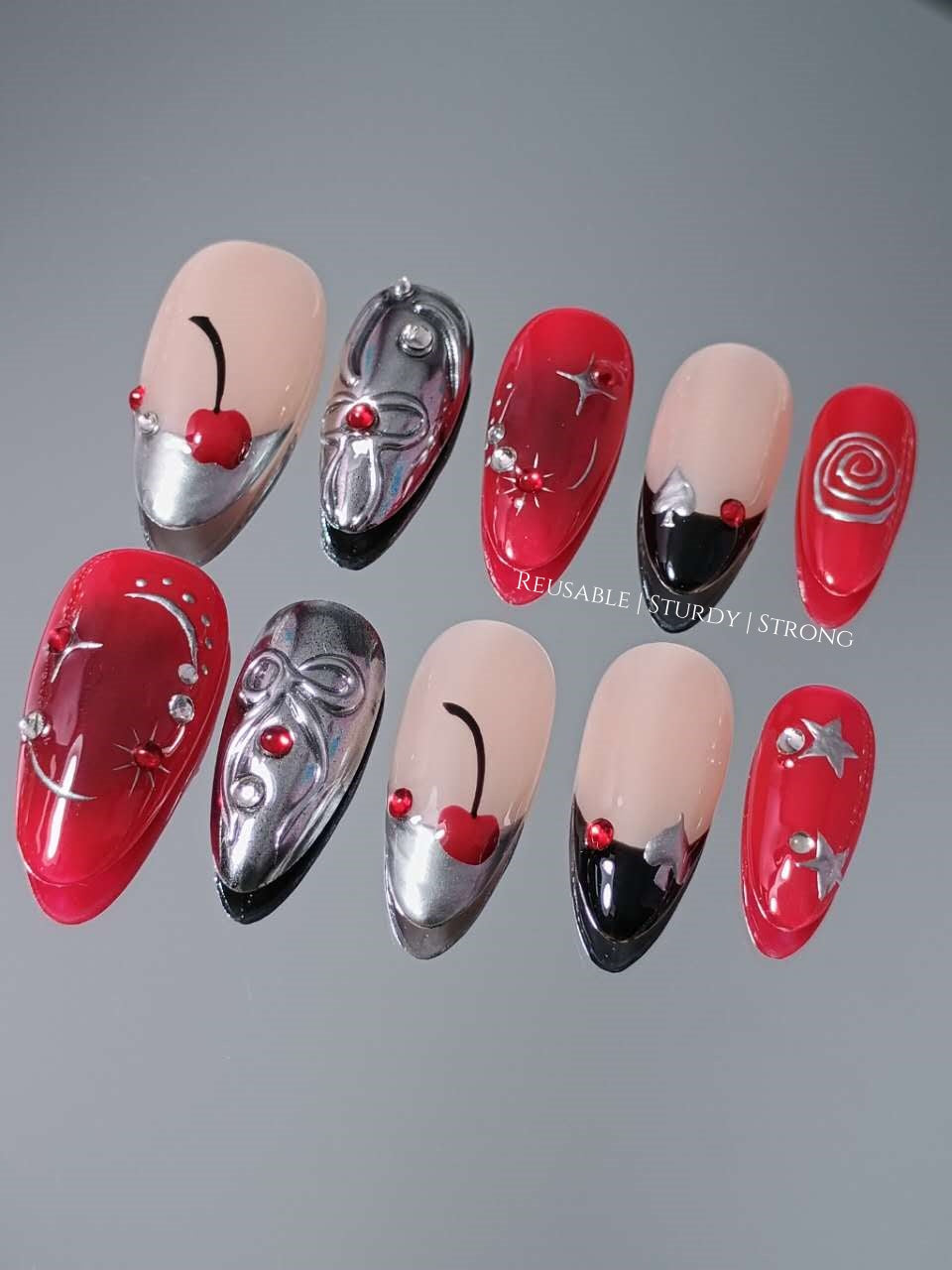 Ace of Stars Cherry Coquette Silver Press On Nails