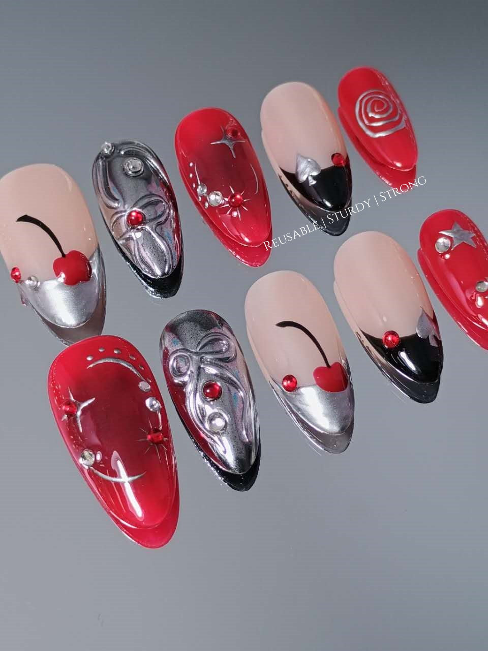Ace of Stars Cherry Coquette Silver Press On Nails