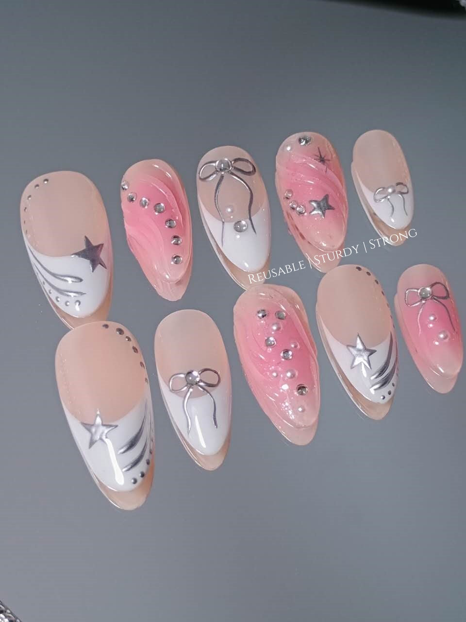 White French Tips with Star & Pink Glitter Blush Nails