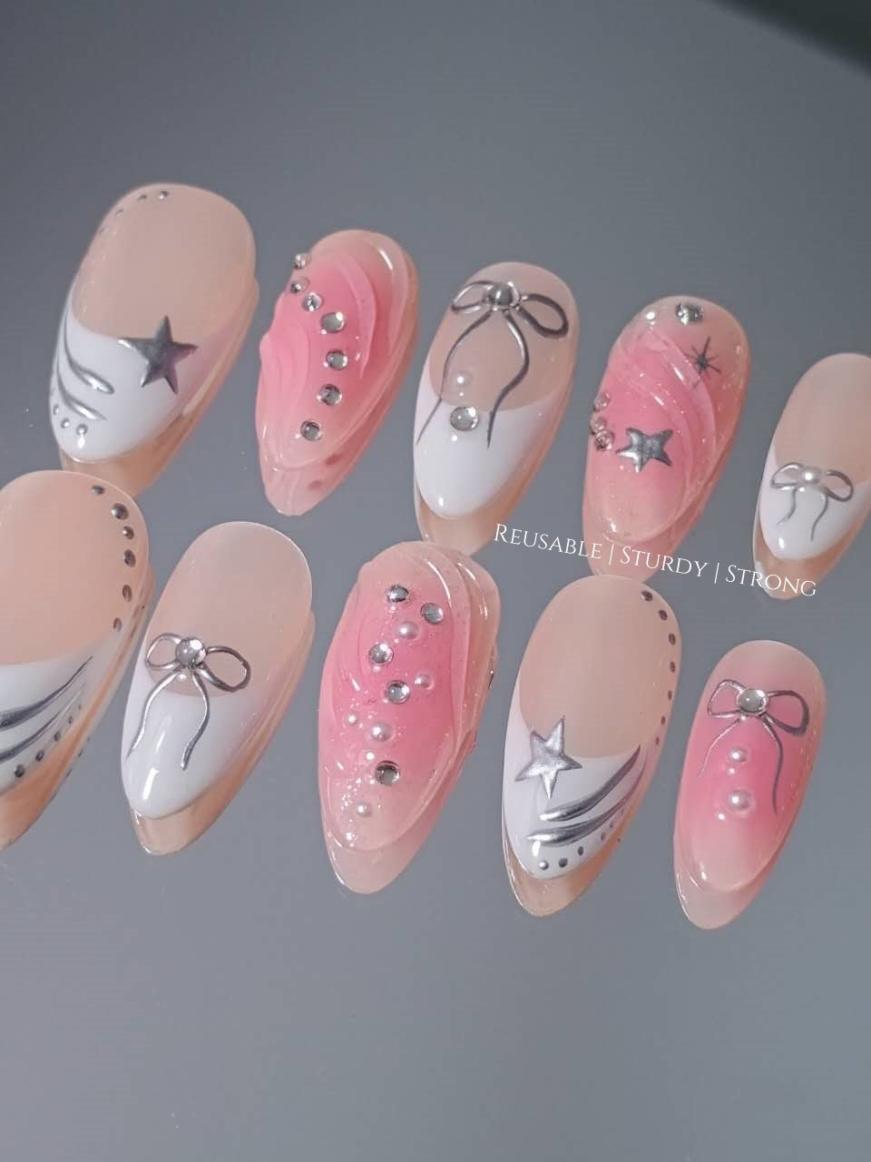 White French Tips with Star & Pink Glitter Blush Nails